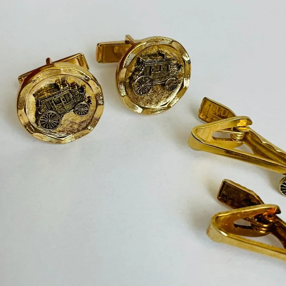 Vintage Wells Fargo Stagecoach Carriage Gold Plated Cufflinks Tie Clips Set of 6
